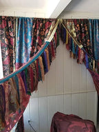 2 PCS of Indian Silk Saree Curtain Window Boho Gypsy Hippy Bohemian Wall Hanging Hippy Room Decor Curtain, Pack of 1