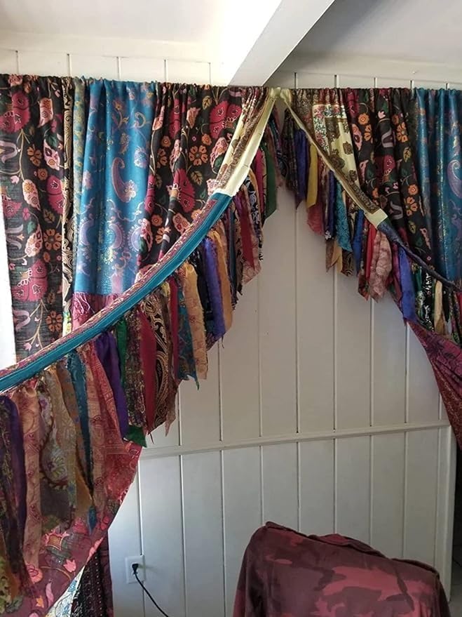 2 PCS of Indian Silk Saree Curtain Window Boho Gypsy Hippy Bohemian Wall Hanging Hippy Room Decor Curtain, Pack of 1