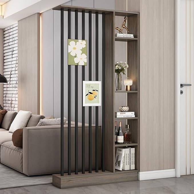 Wall Room Divider, Storage Cabinet Storage Display with Shelves, Modern Freestanding Wood Room Divider Screen, Wall Privacy Screens for Home Decorative (Grey Oak+Black,39.5" L x 9.5" W x 79.5" H)