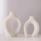 Levvohd Off White Hollow Ceramic Vase Set of 2, Round Modern Vase for Nordic Minimalist Book Style Shelf Decor, Donut Boho Aesthetic Vases for Trendy Home Living Room Entryway Coffee Table Decorative