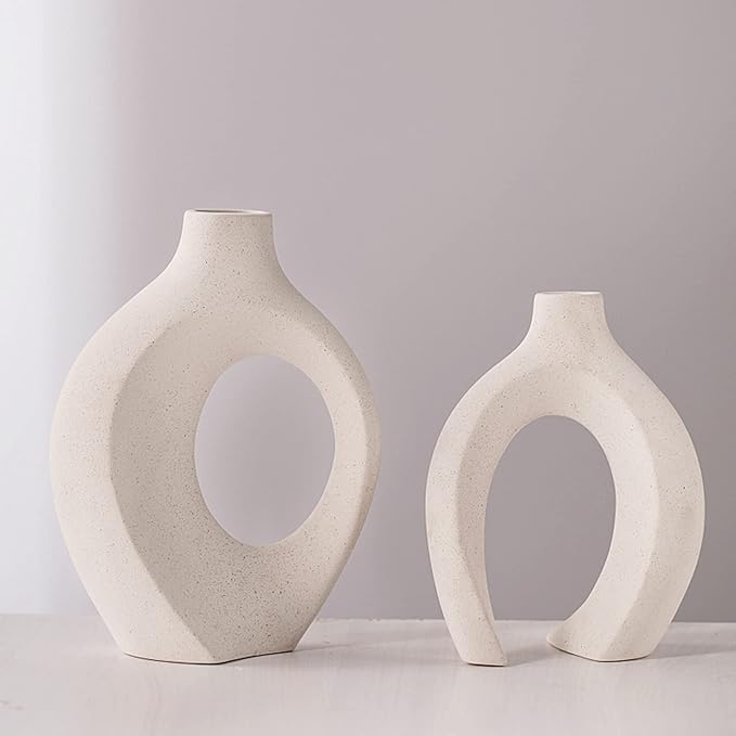 Levvohd Off White Hollow Ceramic Vase Set of 2, Round Modern Vase for Nordic Minimalist Book Style Shelf Decor, Donut Boho Aesthetic Vases for Trendy Home Living Room Entryway Coffee Table Decorative