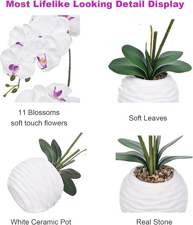 Artificial Potted Orchid Faux Phalaenopsis Silk Flowers Bonsai Realistic Arrangement in Ceramic Vase for Home Decoration Table Centerpiece, White