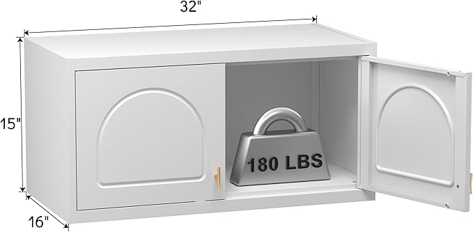 Wall Cabinet with Doors, Small Hanging Cabinet for Kitchen Pantry, Metal Overhead Cabinets for Dining, Living Room, Bathroom, 16" D x 32" W x 15" H, White, Assembly Required