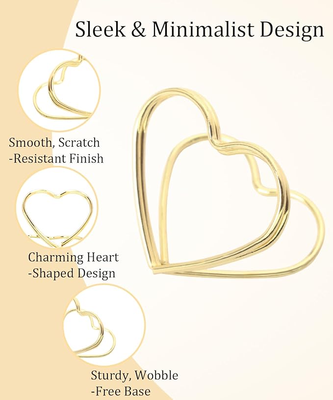 36 Pcs Heart Table Number Holders - Rust-Resistant Metal Place Card Stands for Weddings, Office & Home Decor (Gold)