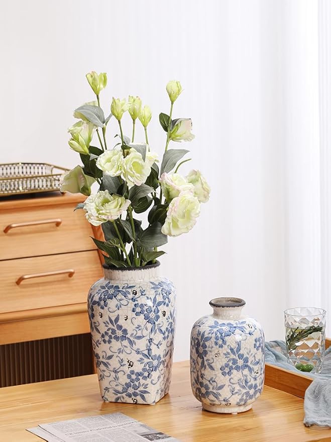 Blue and White Floral 10inch Ceramic Flower Vase, Traditional Chinese Style, Decorative Porcelain Container