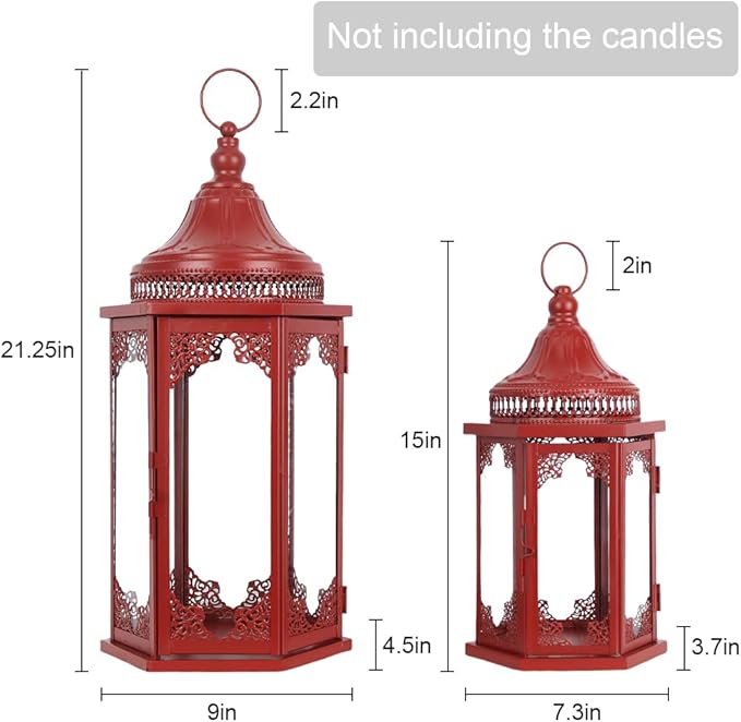 NEEDOMO Christmas Decorations Set of 2, 22''/15'' Christmas Lantern with Glass Panels for Home Decor, Decorative Hanging Lantern Indoor Outdoor for Xmas Table Centerpieces, Porch, Patio(Red)