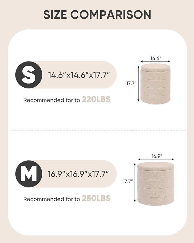 B FSOBEIIALEO Ottoman with Stroage, Round Sherpa Storage Ottoman Stool, Boucle Foot Rest 16.9"x16.9"x17.7"（Beige