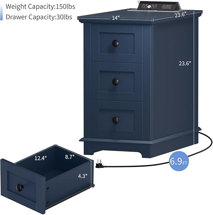 HIFYOBRO 3 Drawers End Table with Flip Top Charging Station, Narrow Side Table with Power outlets, Wooden Nightstand, End Table with Storage for Living Room and Bedroom