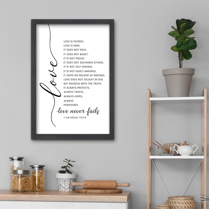 FZMHASLWW Love Is Patient Kind Wall Decor 16"×11" Love Never Fails 1 Corinthians 13 Bible Verse Sign Wood Framed Wall Hanging Art (Black)