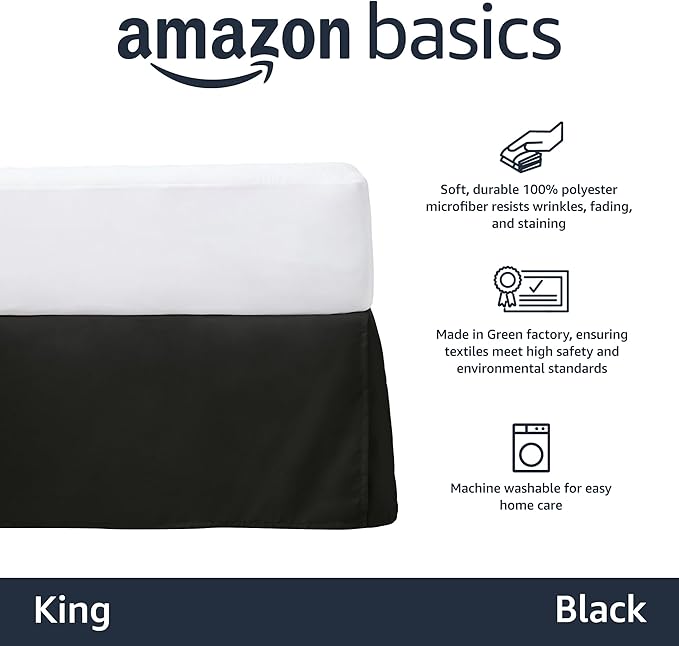 Amazon Basics Lightweight Pleated Bed Skirt, King, Black, Solid