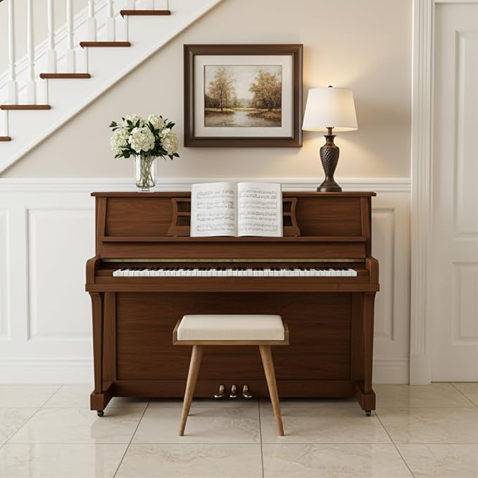 Walnut Ottoman Stool for Living Room | Upholstered in Cream Pattern Fabric | Versatile as a Piano Bench | Ideal Bedroom Bench | Functional Footstool Bench