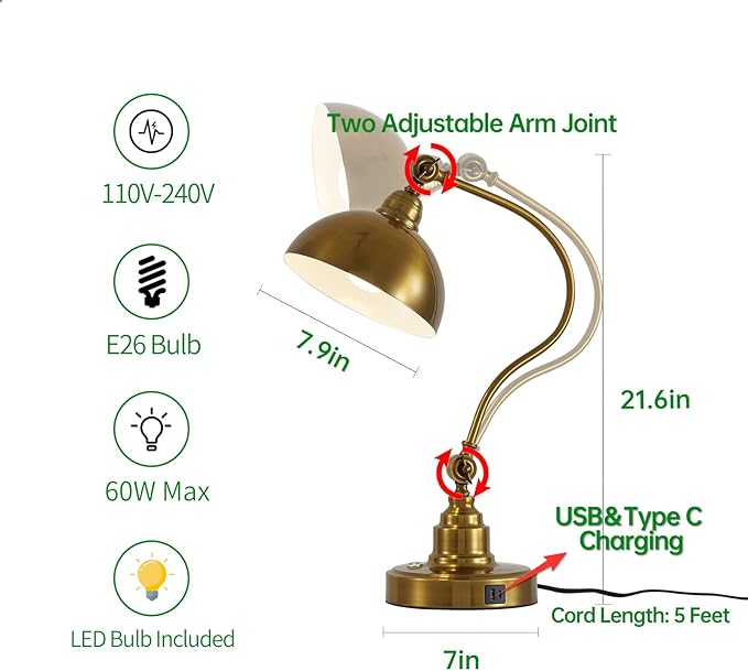 Vintage Gold Desk Lamp Decorative Table Lamp for Home Office Living Room Bedroom Desk Light, Rustic Industrial Farmhouse Antique Library Study Desk Lamp E26 LED Bulb Included