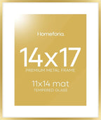 Homeforia 14x17 Picture Frame Gold, High End Metal 14x17 Poster Frames with Mat 11x14 Photo, 14 x 17 Gold Frames Matted to 11 by 14 Print, 17x14 Thin Hanging Frames, Tempered Glass, Wall Kit, Set of 1