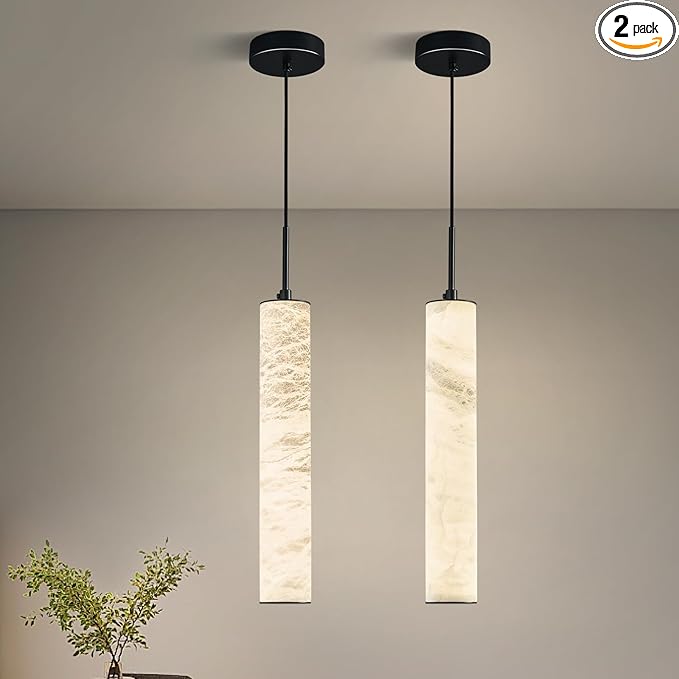 LMQNINE Natural Alabaster Pendant Lights for Kitchen Island White Marble Long Tube Chandelier Modern Black Ceiling Light Fixtures for Bedroom Dining Room Table Living Room Hallway(M-2Pack)