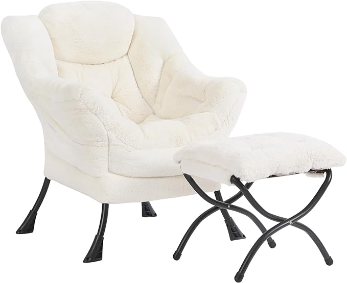 Plush Lazy Chair and Ottoman, Large Contemporary Accent Lounge Chair with Armrests and a Side Pocket, Modern Leisure Upholstered Sofa Reading Armchair with Footrest for Bedroom, Living Room