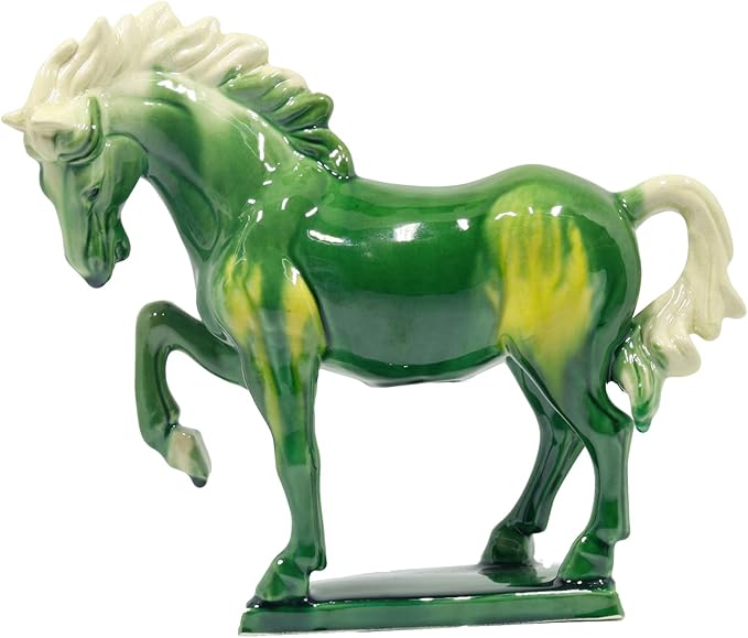 Ceramic Horse Sculpture -8 inch Hand Made Tang Tri-Color Cultural Art Piece,Museum Collection Inspired Home and Office Decor (Green)