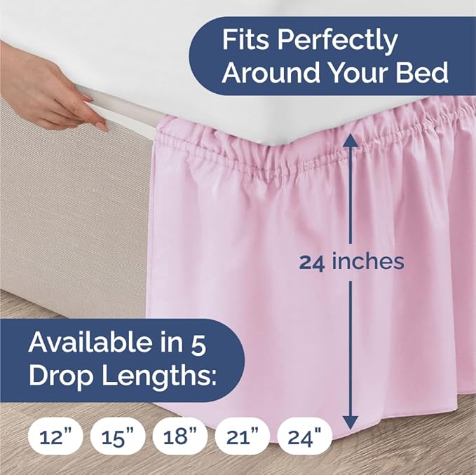 Wrap Around Dust Ruffle Bed Skirt - Light Pink - for Queen Size Beds with 24 Inch Drop - Elastic Strap - Adjustable Pleated Bedskirt with Brushed Fabric and Wrinkle Free - For Women, Men, Kids & Teens