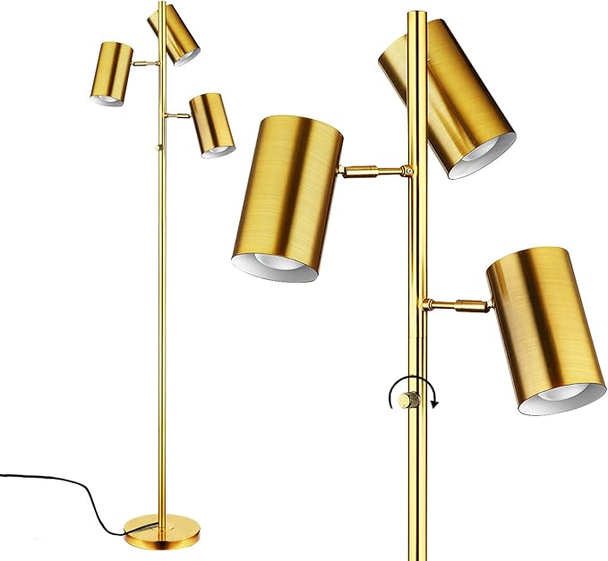 Tree Floor Lamp for Living Room,Stepless Dimmable Gold Standing Tall Pole Lamp with 3 Bulbs,Modern Reading Floor Lamp for Living Room Bedroom Office,9W E26 LED Bulbs Includeds (Gold-Dimmable)