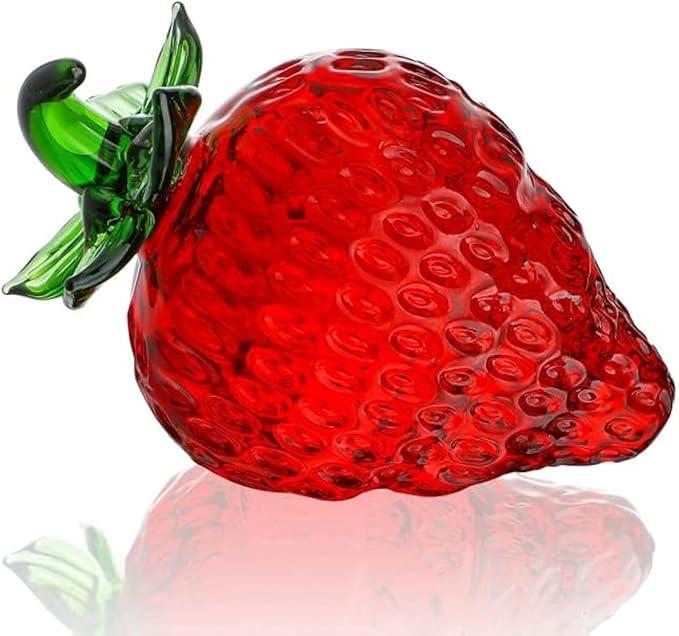Glass Red Strawberry Figurine Crystal Fruit Collectibles Art Glass Fruits Decoration for Home Office Strawberry Kitchen Decor for Women