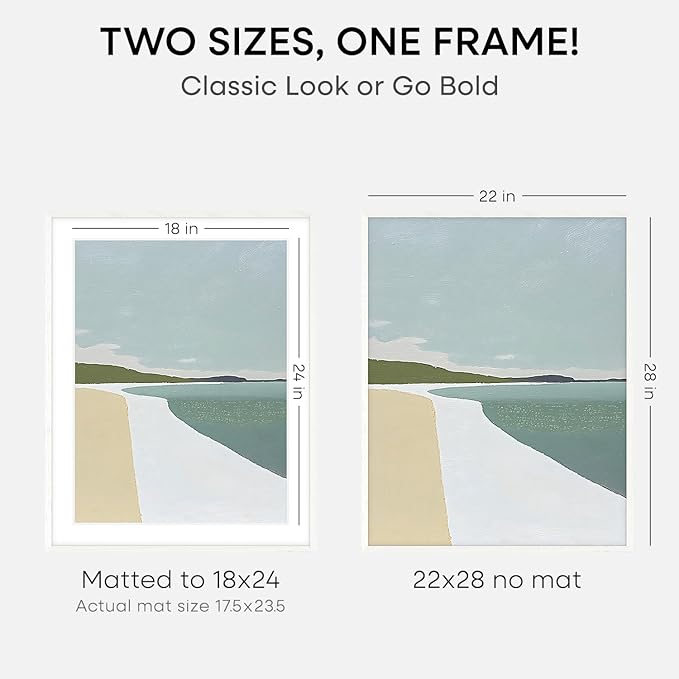 Homeforia 22x28 Poster Frame White, High End Oak 22 x 28 Wood Picture Frame with Mat 18 by 24 for Photo, 22x28 Large Wooden Frame Matted to 18x24, 28x22 Thin Frames, Tempered Glass, Wall Kit, Set of 1