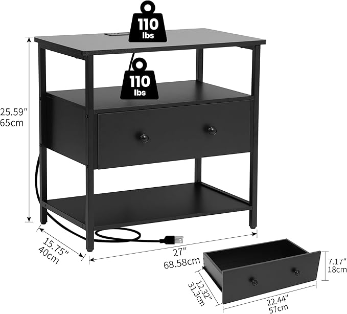 27 Inch Wide Night Stand with Charging Station, Wood Nightstand with Open Shelf, Large Drawer Bedside Table for Living Room/Bedroom/Office (Black)