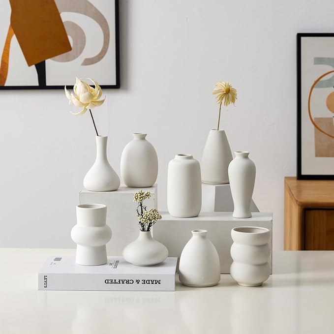 Set of 9 Ceramic Bud Vases for Pampas Grass Flowers, Small Vases in Bulk for Centerpieces Boho Vases for Wedding Decorations Neutral Living Room and Bedroom Decor DIY Gift (White)