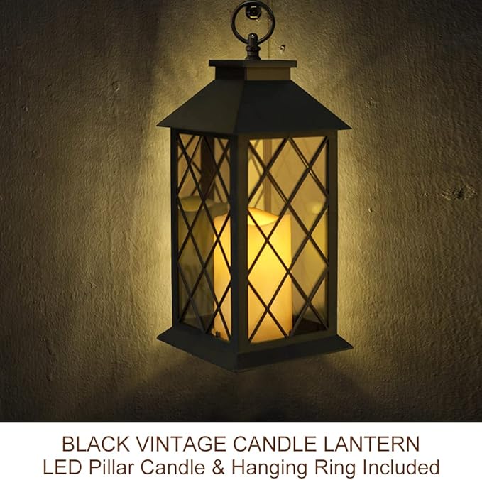 Bright Zeal 13.5" Black Vintage Candle Lantern with LED Pillar Candle and Timer - IP44 Waterproof Porch Light - Tabletop Lantern Decorative Outdoor