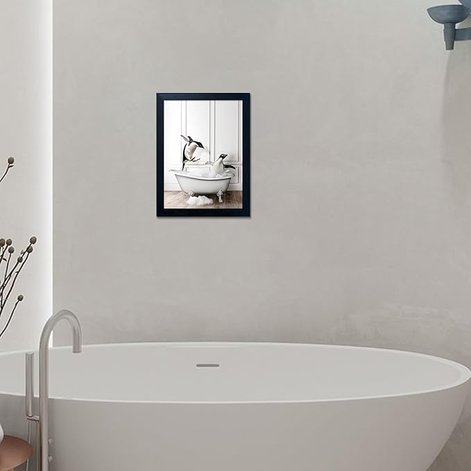 Framed Kids Bathroom Wall Decor Funny Bathroom Wall Art Black and White Canvas Print Cute Penguins in Bathtub Painting Farmhouse Animal Artwork