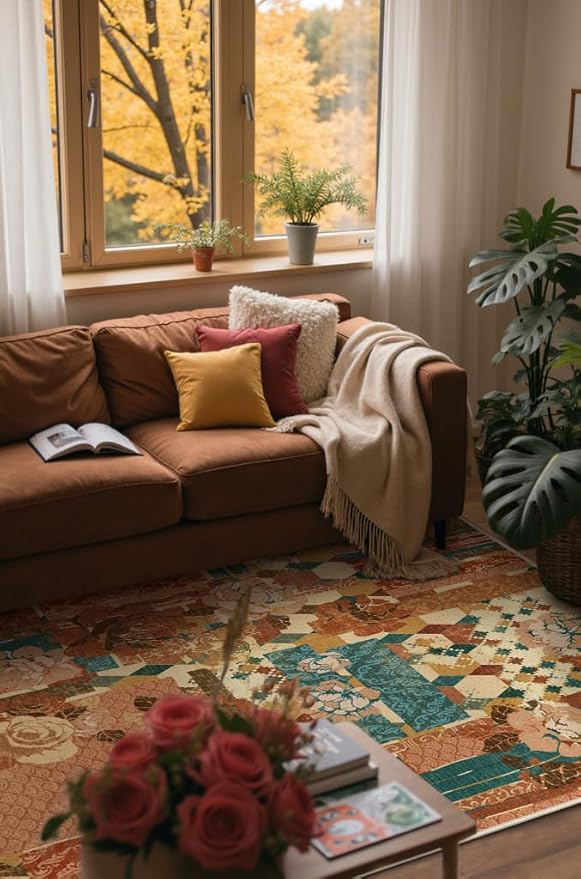 GENIMO 5X7 Floral Area Rugs for Living Room, Machine Washable Non Slip Vintage Patchwork Washable Rug, Ultra-Thin Low Pile Chenille Rugs for Bedroom, Dining Room, Rose Red