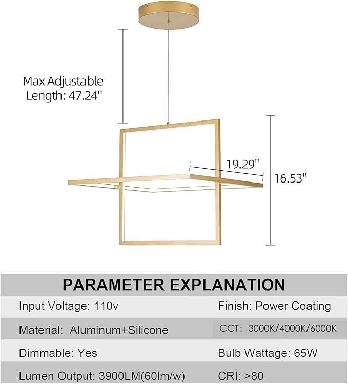 Modern LED Chandelier Led Pendant Light Square Contemporary Chandelier Hanging Light Dimmable for Living Room, Dining Room, Bedroom, Kitchen, Stydy Room 65W 3000K/4000K/6000K (Glod)