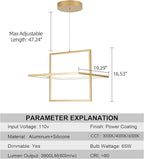 Modern LED Chandelier Led Pendant Light Square Contemporary Chandelier Hanging Light Dimmable for Living Room, Dining Room, Bedroom, Kitchen, Stydy Room 65W 3000K/4000K/6000K (Glod)