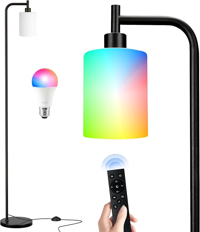 RGB Floor Lamps for Living Room, Dimmable Industrial Standing Lamp with Remote Control for Bedroom Office Corner, 3 Colors Temperature, White Glass Shade, 9W RGB LED Bulb