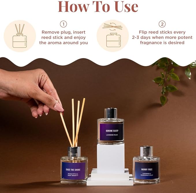 Folkulture Reed Diffusers for Home, Set of 3-5 oz | Sleep Diffuser Oil with Sticks for Bathroom Decor Accessories, Living Room, Office, Desk| Natural Essential Oils | Housewarming Gifts | Lavender