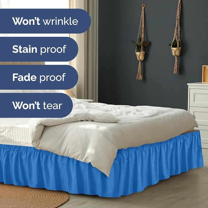 Wrap Around Dust Ruffle Bed Skirt - Royal Blue - for Queen Size Beds w/ 12 Inch Drop - Easy Fit Elastic Strap - Adjustable Pleated Bedskirt w/Brushed Fabric - Wrinkle Free, Women, Men, Kids & Teens
