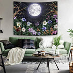 Neasow Aesthetic Moon Garden Tapestry Wall Hanging, Night Landscape with Colorful Plants Floral Tapestries for Bedroom Home Decor Multi Color 60×80 inch (150cm×200cm)