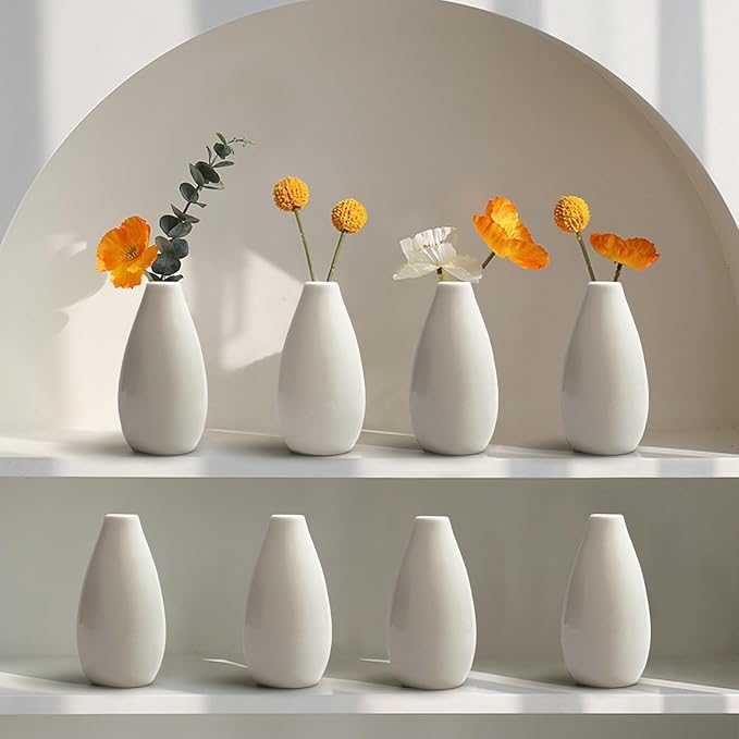 Modern Small Flower Vases 8 Pack - Ceramic, White