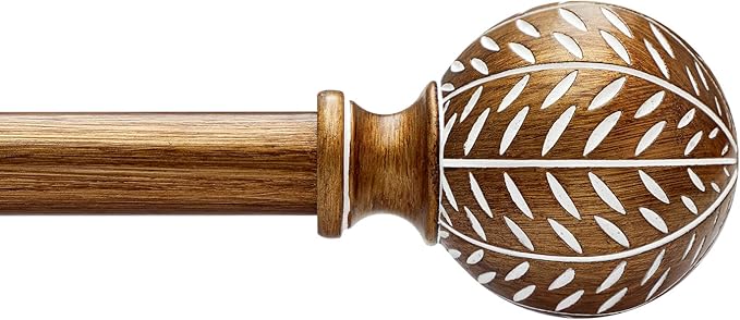 Gold Curtain Rods for Windows 66 to 120 Inch,1'' Diameter Drapery Rods with Imitation Wood Grain Leaf Pattern Finials,Boho Adjustable Heavy Duty Curtain Rods Set,36-120'',Antique-Gold Wood