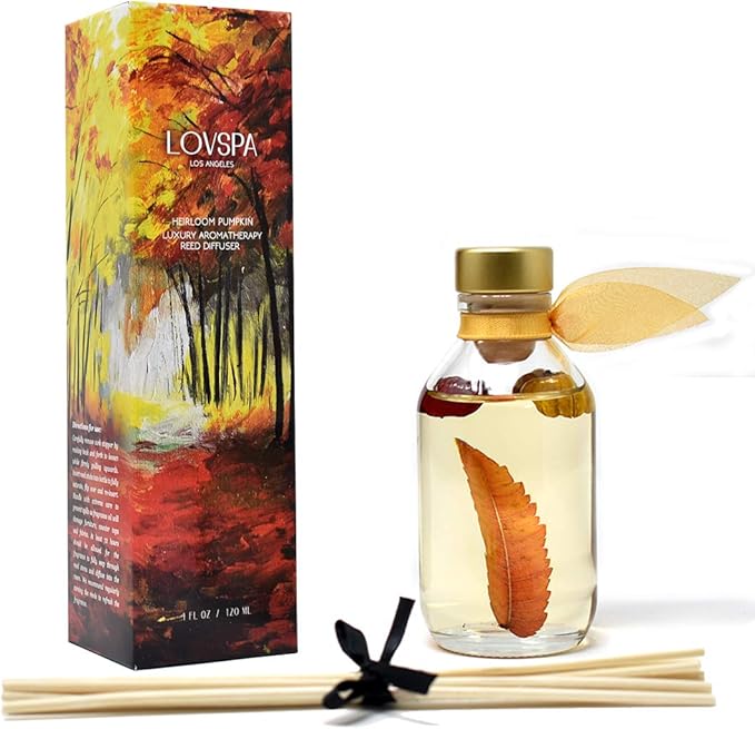 LOVSPA Reed Diffuser Set, Heirloom Pumpkim Scented Oil Diffuser with Sticks, Home Fragrance Accessories for Bathroom Shelf Decor, Aroma Diffusers for Home or Office Fall Decor, USA Made