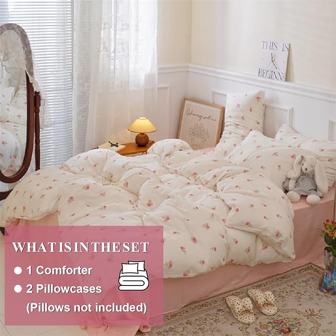 Floral Comforter Set King Size - 3 Pieces Pink White Floral Comforter Bedding Sets Tulips Pattern,King Bed in a Bag with Heart Comforter and 2 Pillowcases