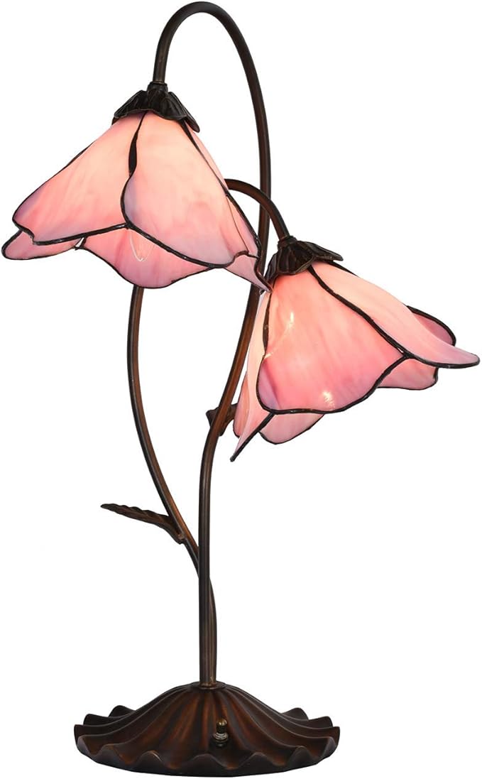Bieye L10811 Flower Tiffany Style Stained Glass Table Lamp with 8-inch Wide Bent Glass Lampshade Lily Pad Base (2-Light, Pink)