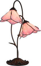 Bieye L10811 Flower Tiffany Style Stained Glass Table Lamp with 8-inch Wide Bent Glass Lampshade Lily Pad Base (2-Light, Pink)