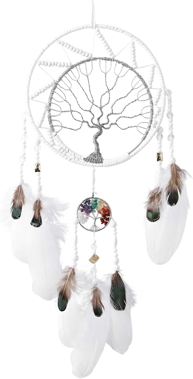 7 Chakras Tree of Life Dream Catcher Wall Decor with Rainbow Healing Crystal Stone Handmade White Feather DreamCatchers Wall Hanging Ornaments for Bedroom Home Decor Blessing Gift Wedding Party -22"