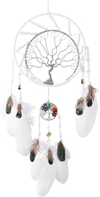 7 Chakras Tree of Life Dream Catcher Wall Decor with Rainbow Healing Crystal Stone Handmade White Feather DreamCatchers Wall Hanging Ornaments for Bedroom Home Decor Blessing Gift Wedding Party -22"