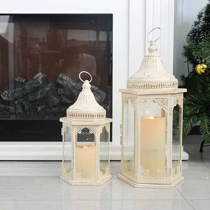 NEEDOMO Lanterns Decorative Outdoor & Indoor, Set of 2 Outdoor Lanterns for Porch,Large Candle Lantern, Beige Metal Frame with Glass for Fall, Christmas