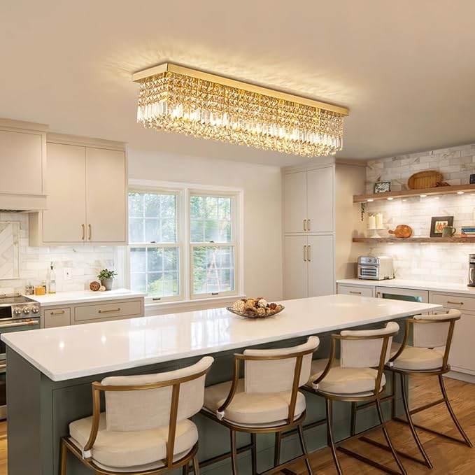 Siljoy 8-Lights Rectangular Flush Mount Ceiling Light Gold Rectangle Modern Crystal Chandelier Farmhouse Close to Ceiling Raindrop Pendant Light Fixture for Dining Living Room Kitchen Island L40''