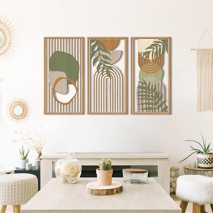 IARTTOP Large Boho Wood Wall Art Framed Mid-century Modern Wooden Wall Decor Set of 3 Green Bohemian Abstract Wall Art Decor For Bedroom Living Room Office-16 x32