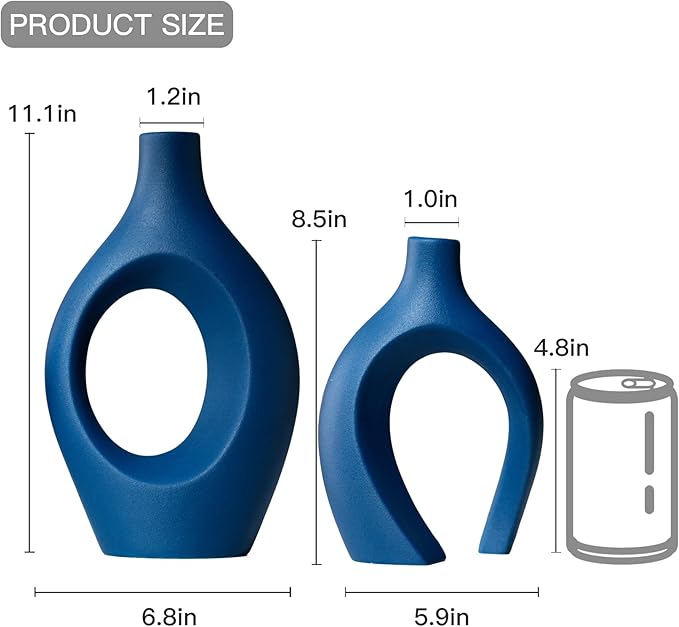 Levvohd Snuggle Hollow Ceramic Vase Set of 2, 11 inch Modern Nordic Coastal Shaped Pampas Grass Aesthetic Decorative Table Vases for Living Room Shelf Home Decor (Matte Navy Blue -L)