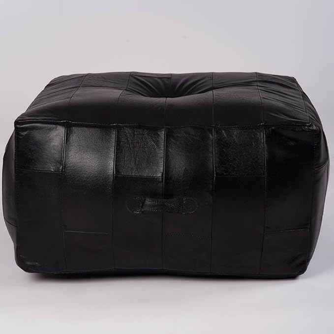 Square (Jumbo) Shaped Buffalo Leather Handmade Eco-Friendly Black Pouf - Square Pouf, 26"x26"x14", Geometric Pouf, Buffalo Leather Pouf, Recycled Cotton Filled Stuffed Pouf, Seating Pouf PF25