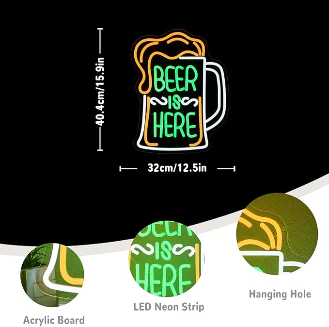 Beer Is Here Neon Sign for Wall Decor Bar Neon Light Beer Led Neon Signs Colorful Led Neon Lights for Bar Kitchen Shop Man Cave Decoration