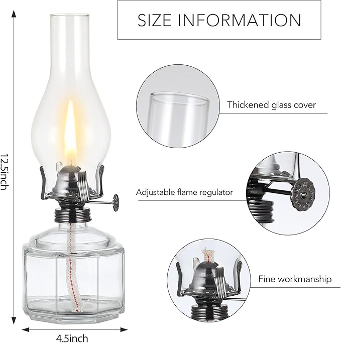 4 Pack Rustic Oil Lamp Large Vintage Glass Kerosene Lamp Chamber Oil Lamps for Indoor Use Home Decor Classic Old Hurricane Oil Lamp for Emergency Lighting 12.5''